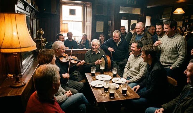アイルランドのパブで伝統音楽のセッションを楽しむ人々