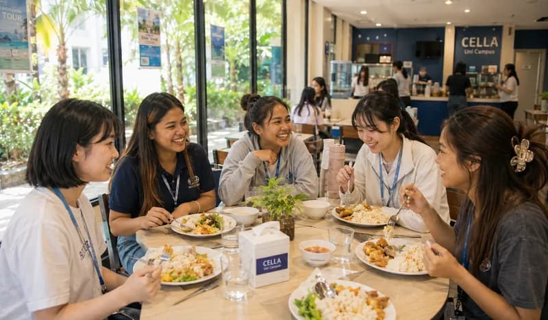 フィリピンの語学学校の食堂で食事を囲む留学生
