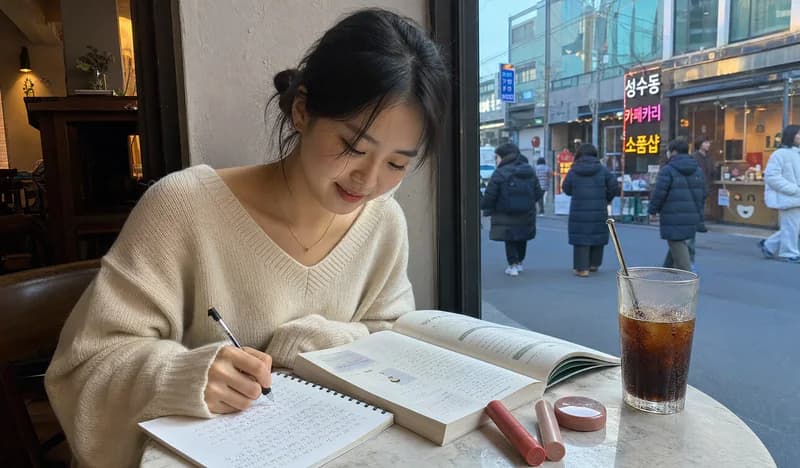 ソウルのカフェで韓国語のテキストを広げて学ぶ留学生
