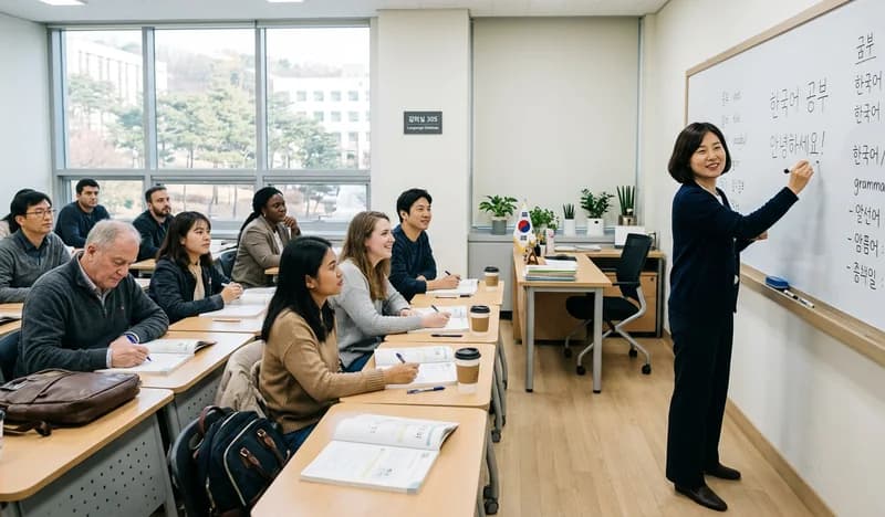 韓国の大学付属語学堂でハングルの授業を受ける留学生たち