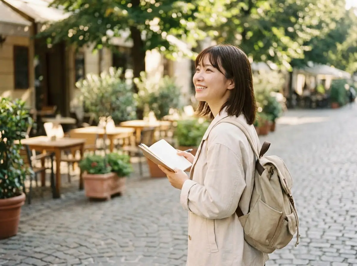 ノートを手に海外の街角に立つ、ワーキングホリデー中の若者