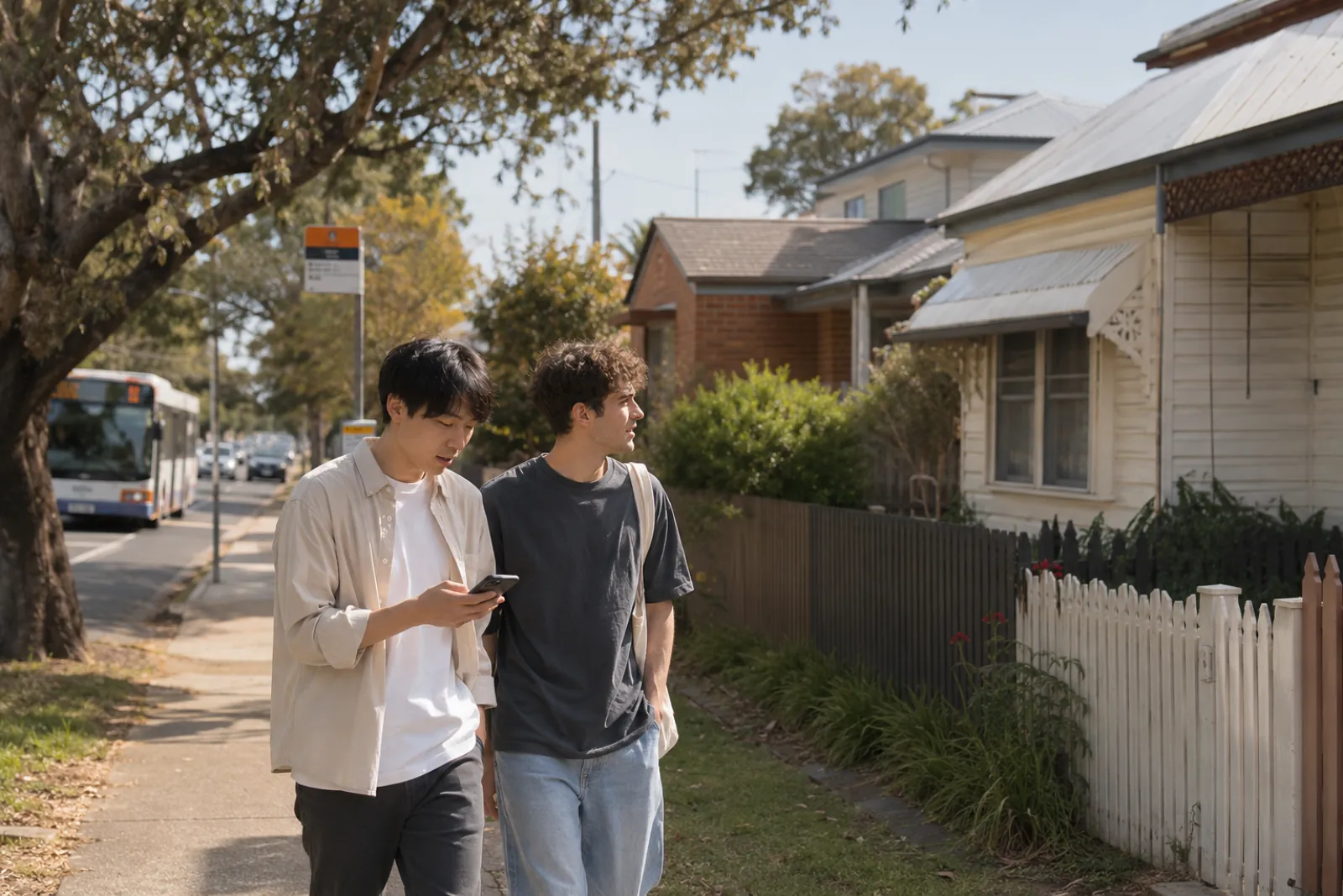 スマートフォンを見ながら住宅街の歩道を歩く2人の留学生