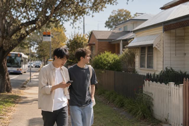 スマートフォンを見ながら住宅街の歩道を歩く2人の留学生