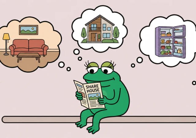 「SHARE HOUSE」の紙を読みながら、ソファ・家・冷蔵庫・洗濯物の暮らしを思い浮かべるかえるくん