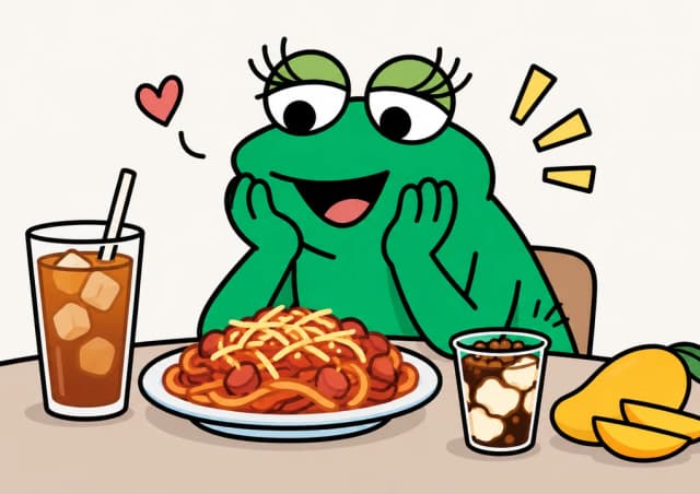 アイスティー、ミートソーススパゲティ、タホ、マンゴーを前にして頬に手をあてるかえるくん