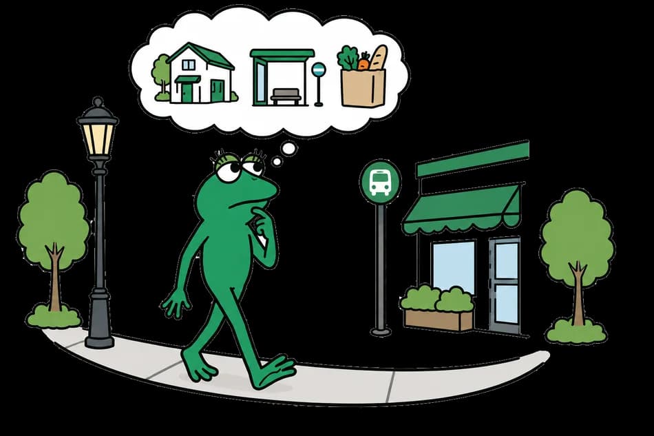 住みたい街の暮らしを思い浮かべながら、バス停や店の前を歩くかえるくん