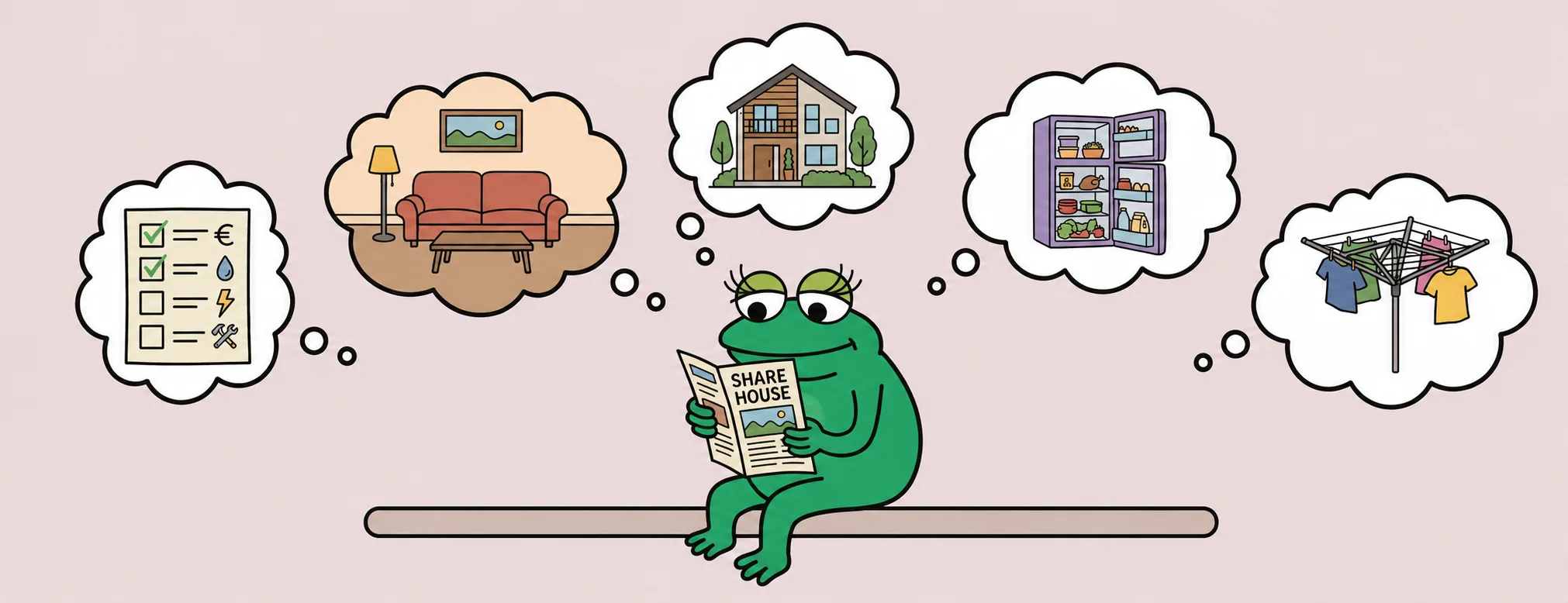 「SHARE HOUSE」の紙を読みながら、ソファ・家・冷蔵庫・洗濯物の暮らしを思い浮かべるかえるくん