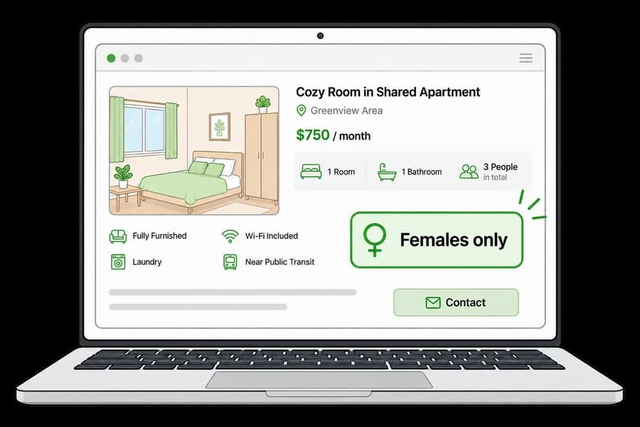 「Females only」の条件が付いたシェアハウスの募集ページを開いたノートパソコン