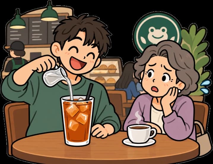 喫茶店でアイスティーにシロップを入れる息子と、心配そうに見つめる母