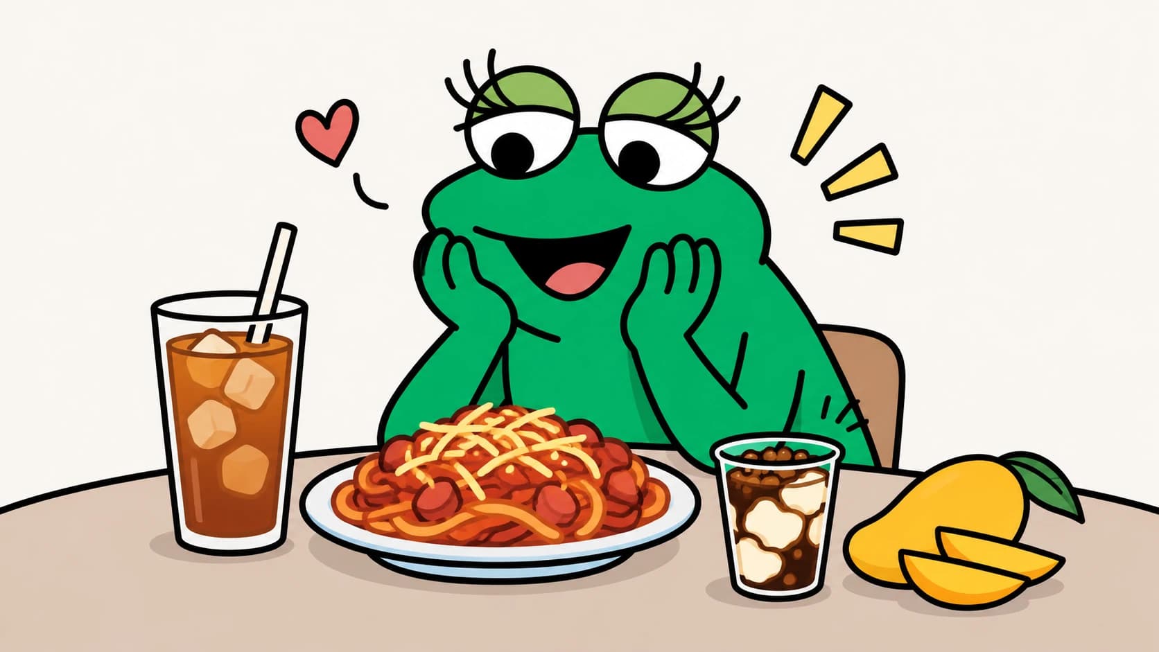アイスティー、ミートソーススパゲティ、タホ、マンゴーを前にして頬に手をあてるかえるくん