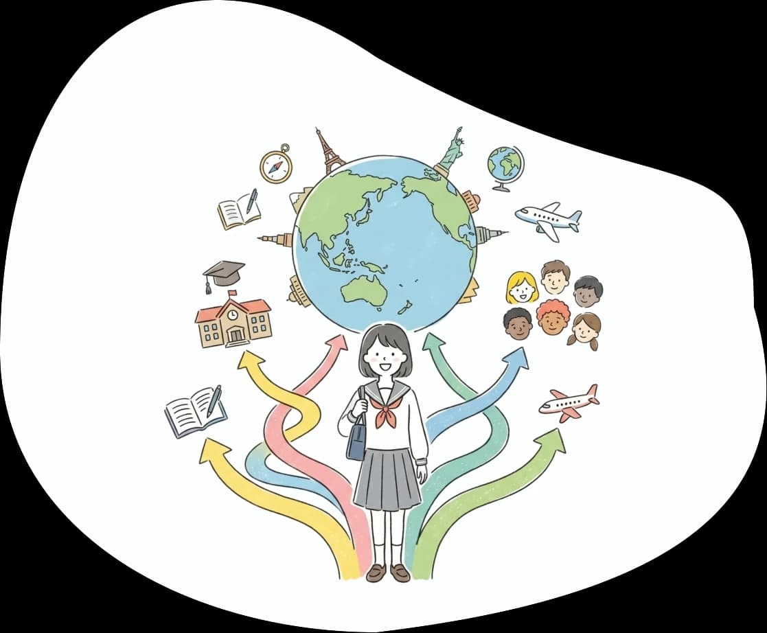 世界へ広がる進路をイメージした地球儀と高校生