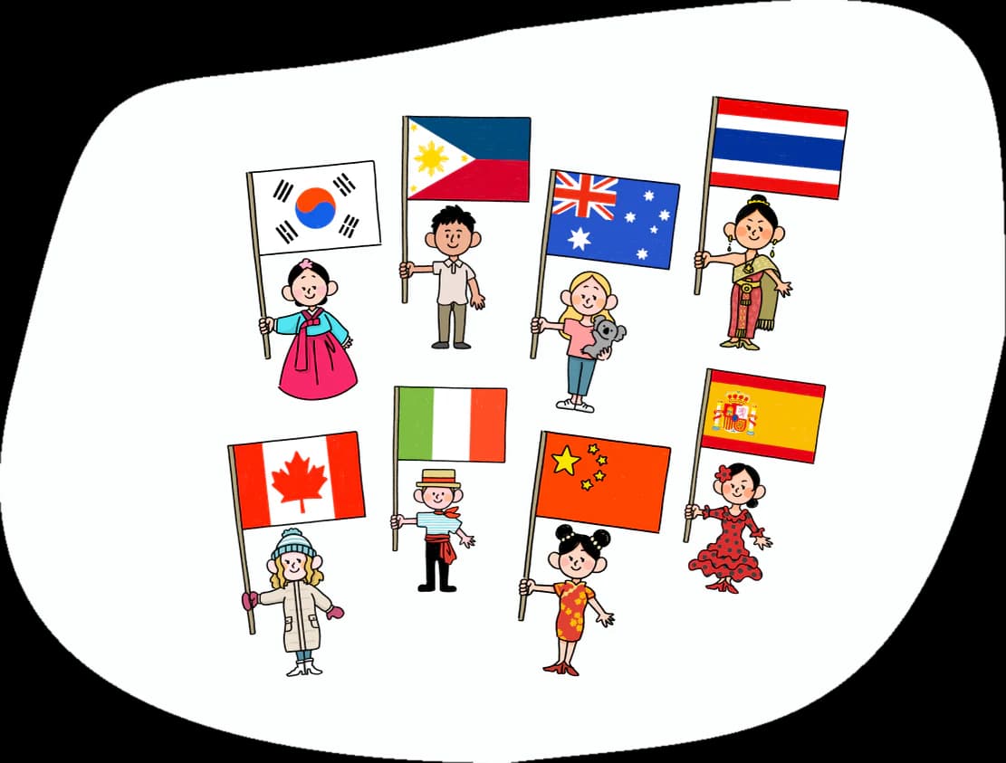 さまざまな国の国旗を持つ留学生たち
