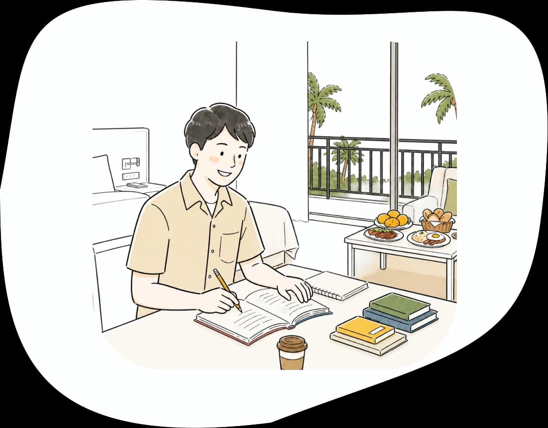 寮の自室で勉強する留学生