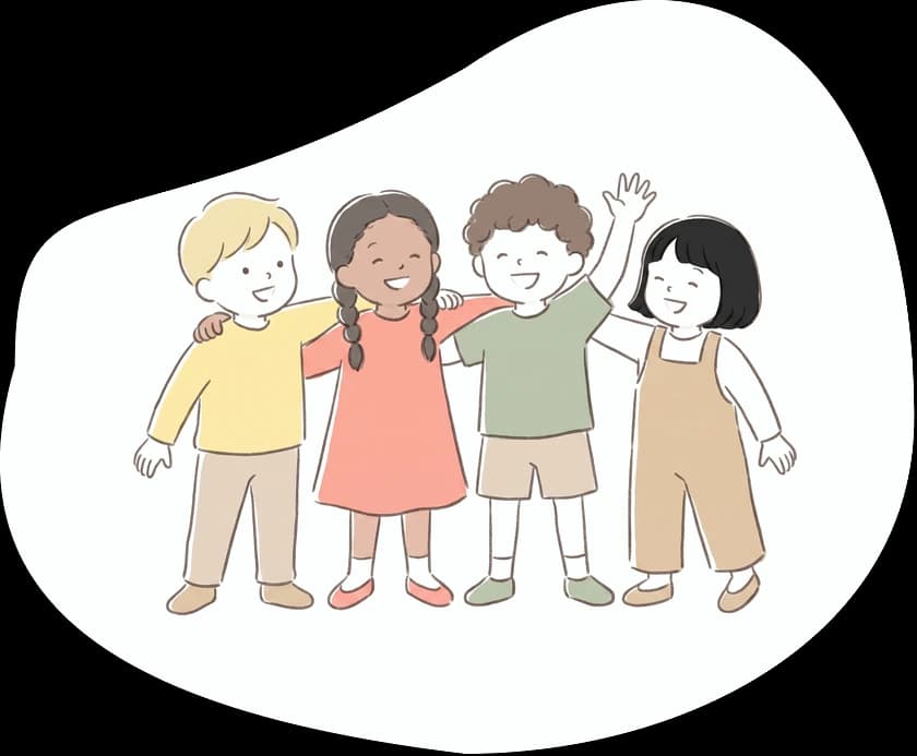 国のちがう友だちと笑い合う子どもたち